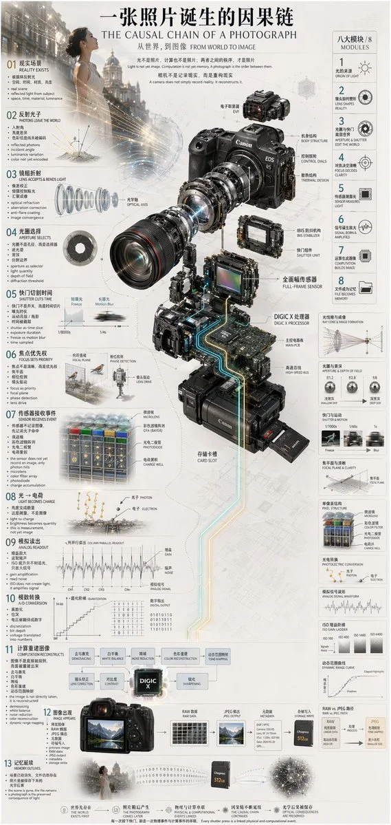 参考效果：通过图示和文字分区解释摄影过程的信息图