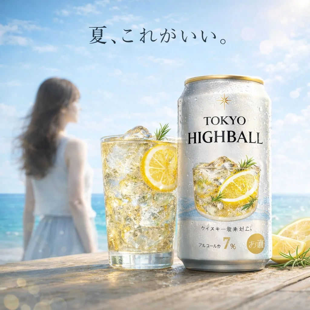 参考效果：海边木桌上的饮料罐与柠檬冰饮