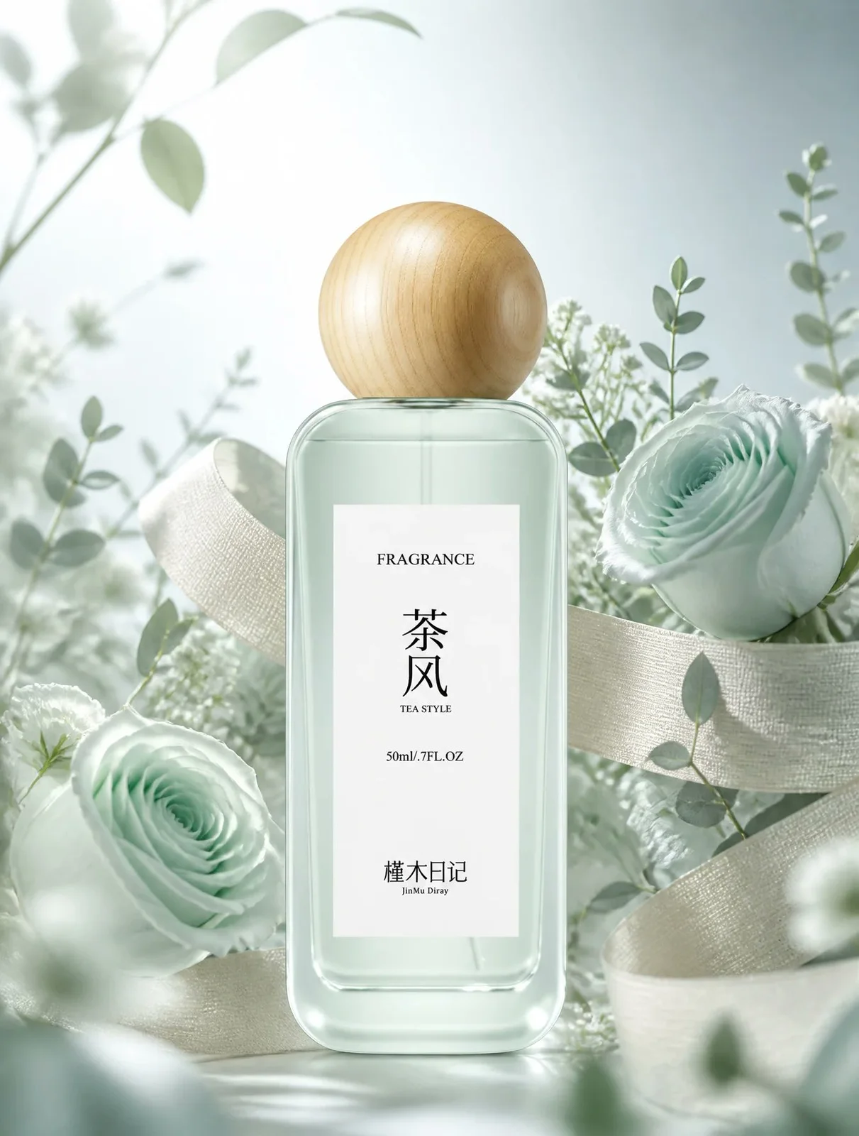 参考效果：薄荷色香水瓶与玫瑰的浅色产品摄影